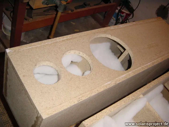 Speaker cabinet in workshop during construction