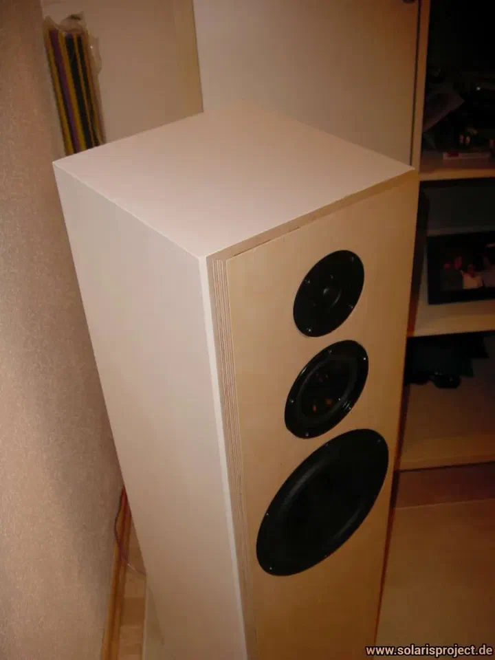 Finished speaker with light wood cabinet and black drivers