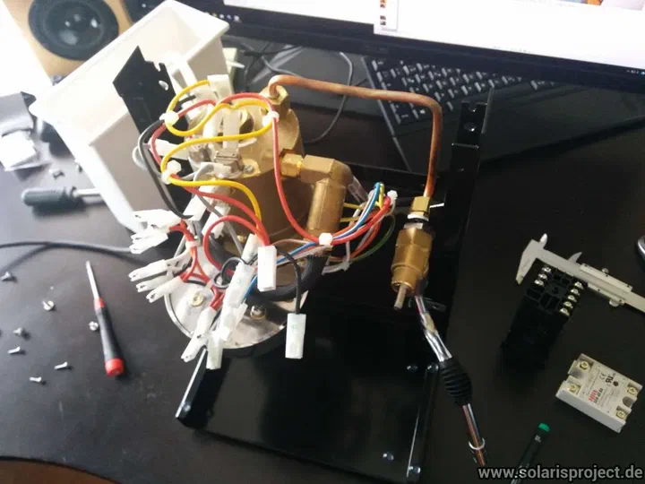 Silvia boiler and frame dismantled on the workbench, wiring harness unplugged